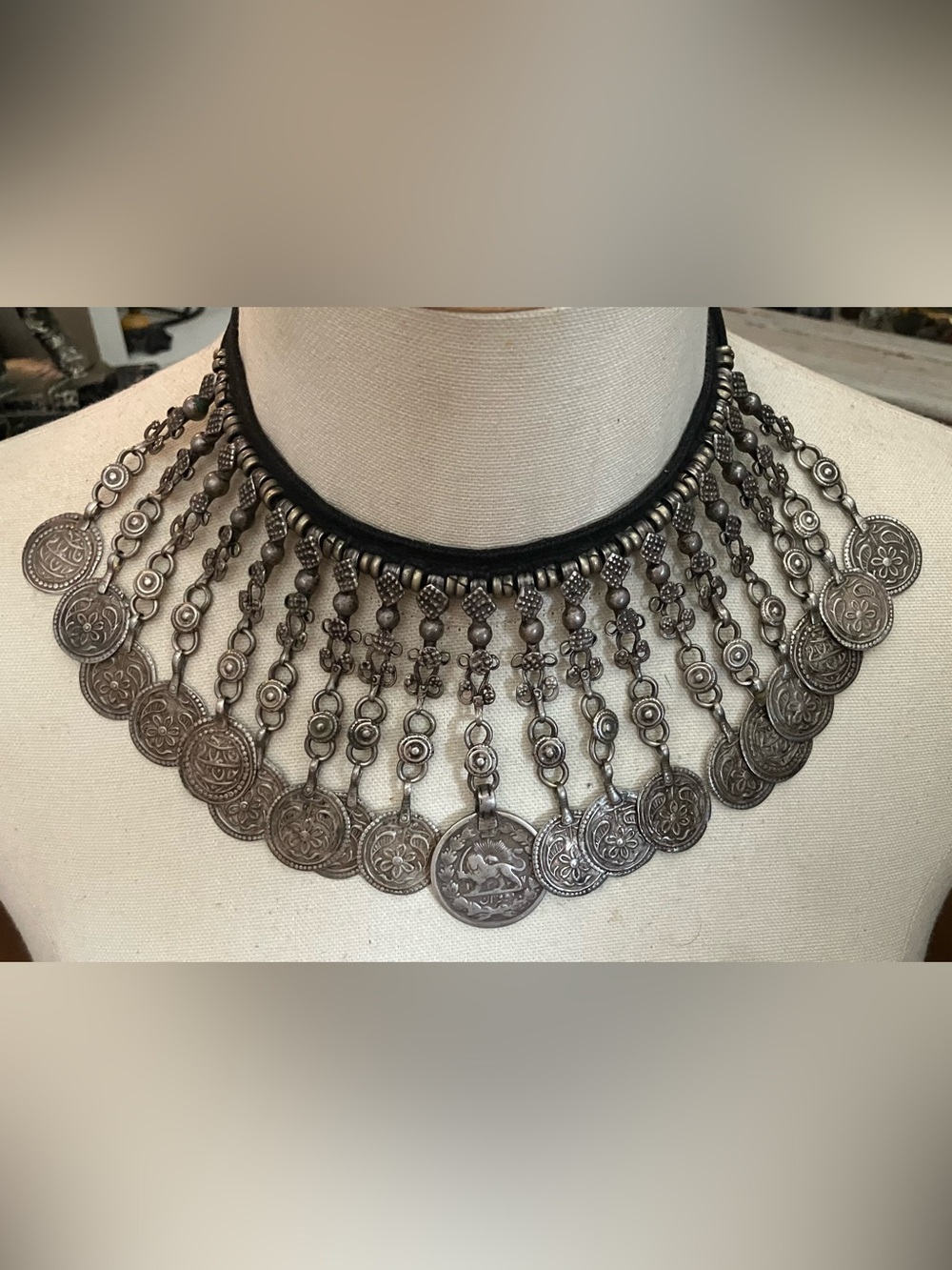 Vintage Tribal Sterling Coin Necklace - Qajar Persian Lion & Sun Charms 121g
